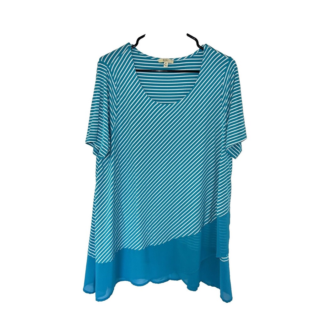 Kori America Plus Jersey Knit Blouse XL Turquoise Strip Coastal Grandma Flowy